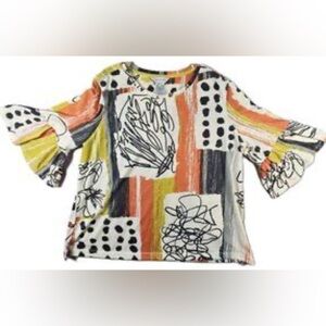 Multiples Abstract Artsy Blouse/Top MED Bell Sleeve Wearable Art Orange Yellow